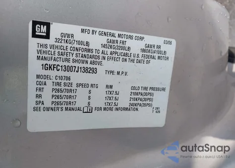 2007 GMC Yukon Commercial Fleet from USA, damaged, VIN 1GKFC13007J138293